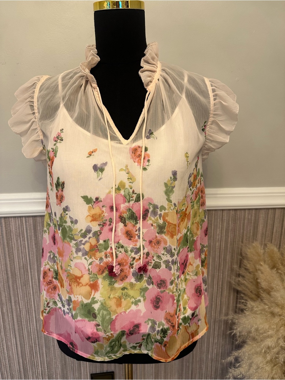 Rachel Zoe Floral Ruffle Neck Sheer Blouse w/ Cami Romantic Cottagecore Small